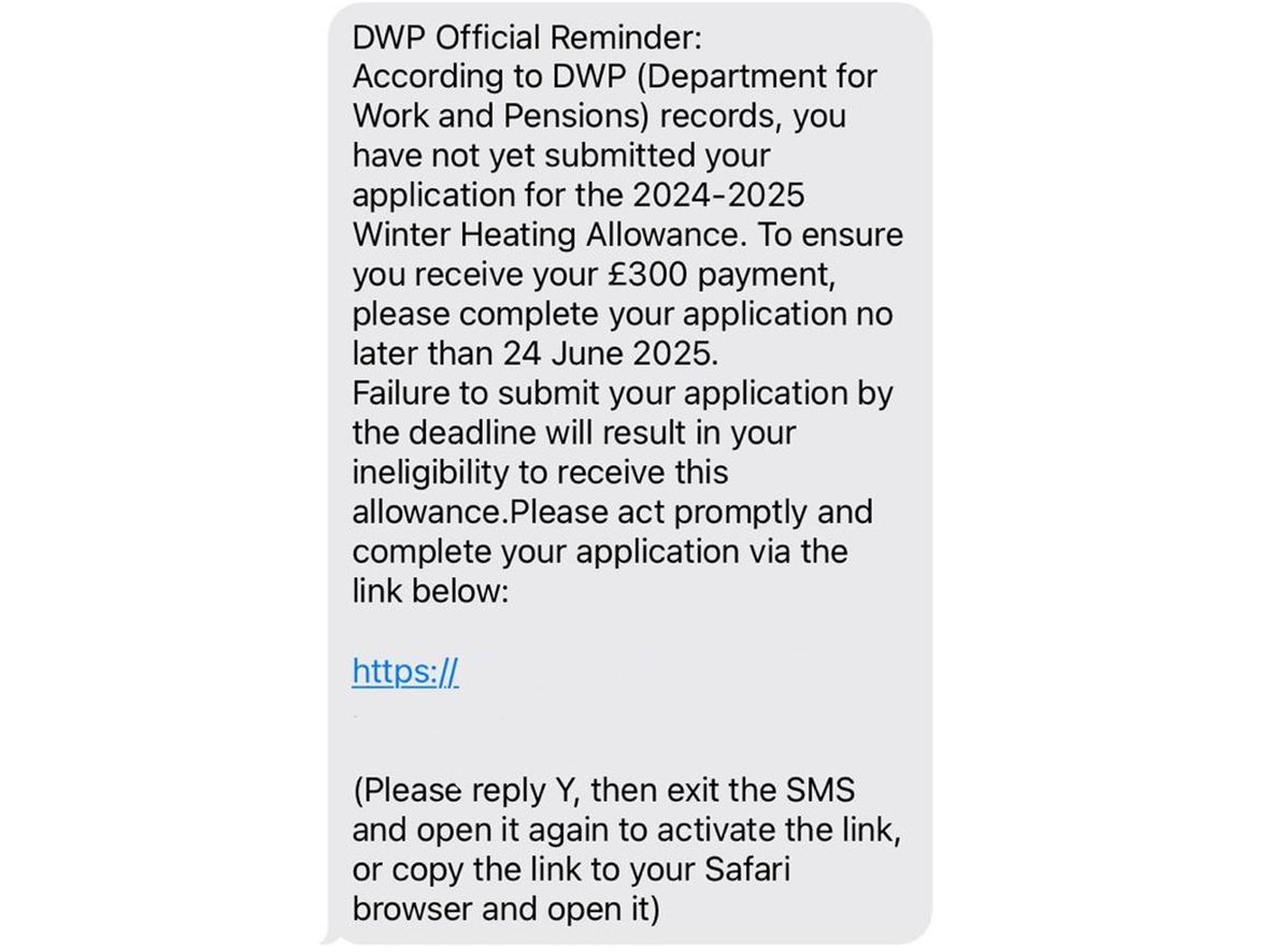 A scam text claiming to be from the DWP