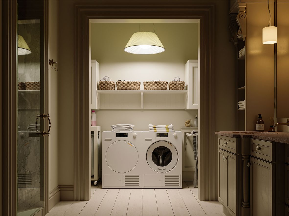 One large cupboard keeps appliances and cleaning products hidden from view and is cheaper than lots of smaller units. But you might need a ladder to reach the top shelves if you're small.