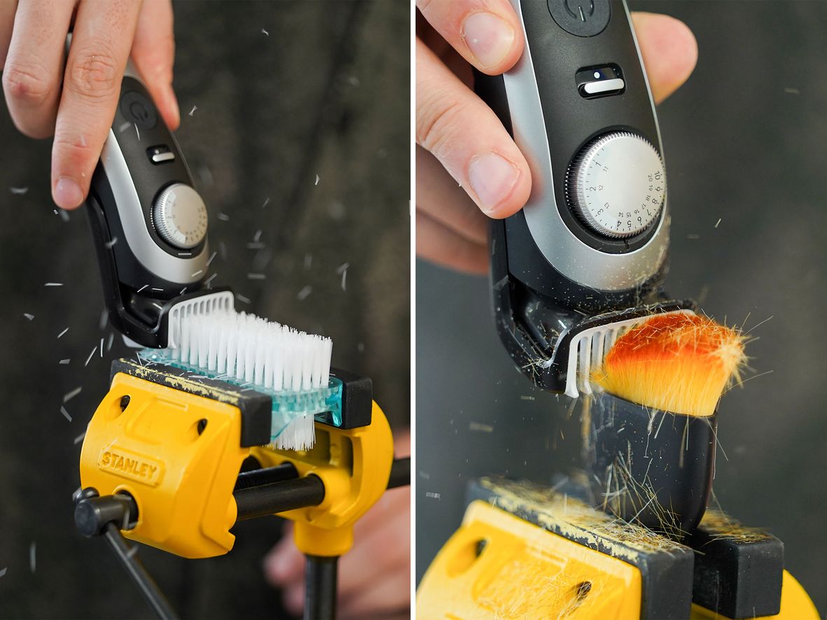 Two images of a beard trimmer cutting coarse bristles (left) and soft bristles (right)
