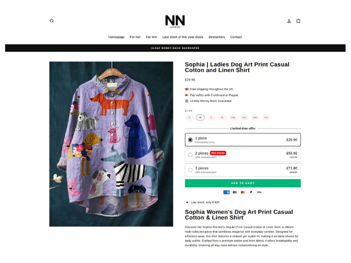 The website of Nina-Nicole showing an image of a shirt.