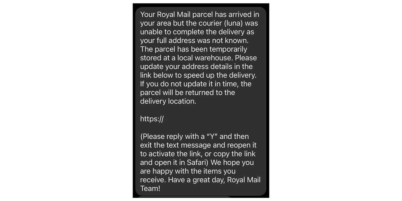 A scam text impersonating Royal Mail
