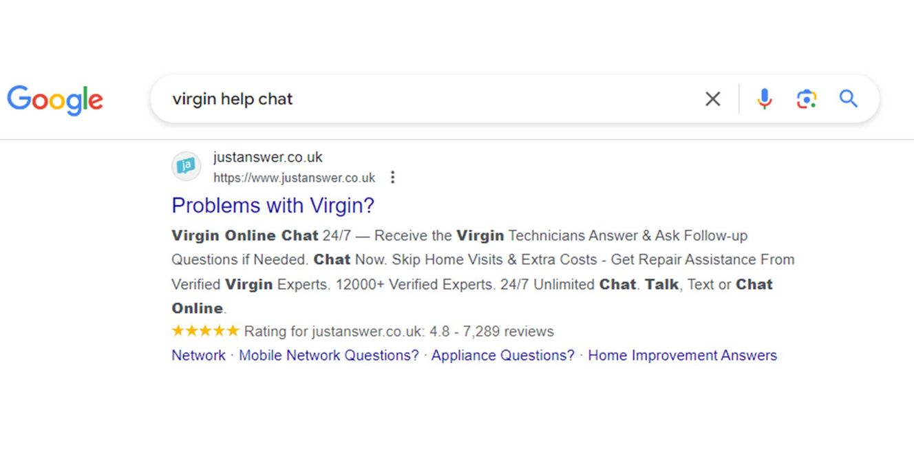 JustAnswer advert on Bing for search related to contacting Virgin 