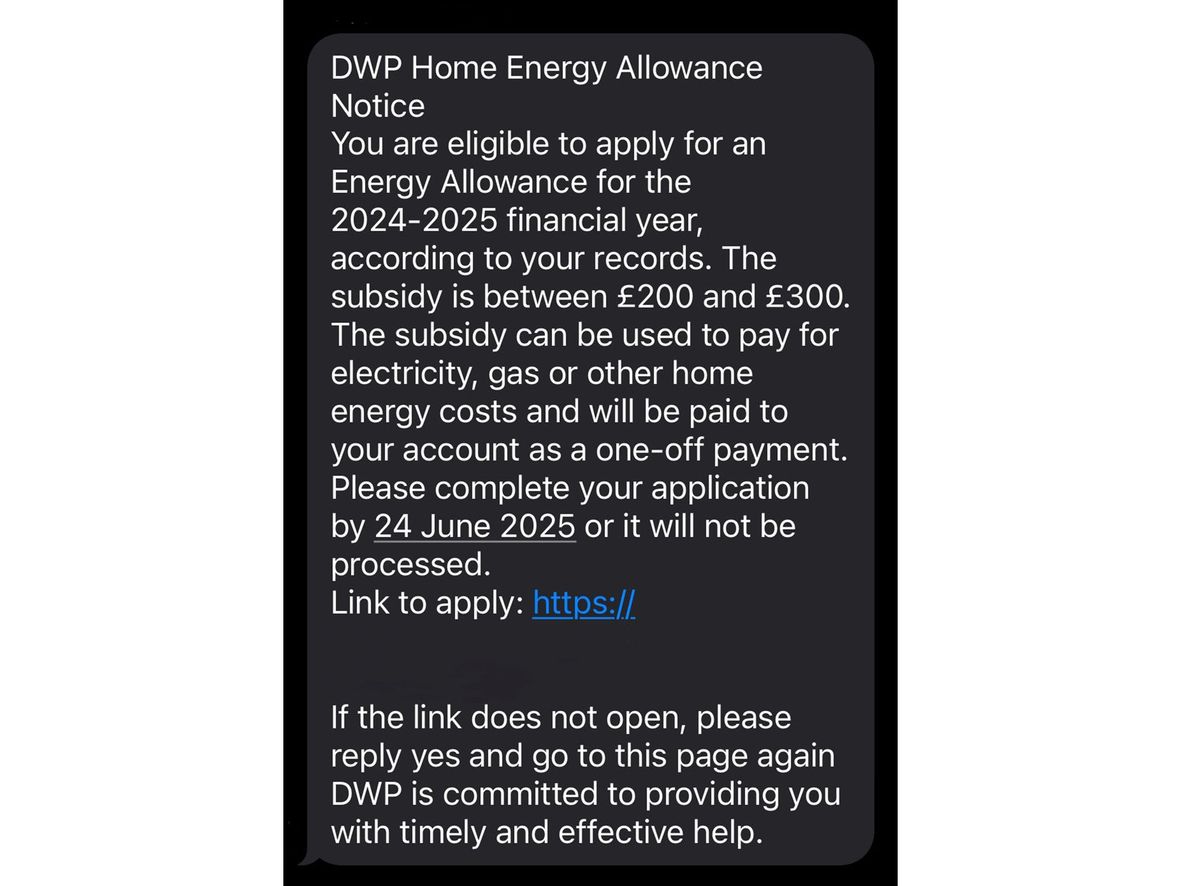 A scam text claiming to be from the DWP