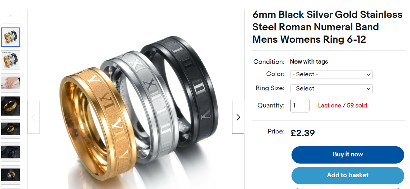 Rings retailing for £2.39 on eBay