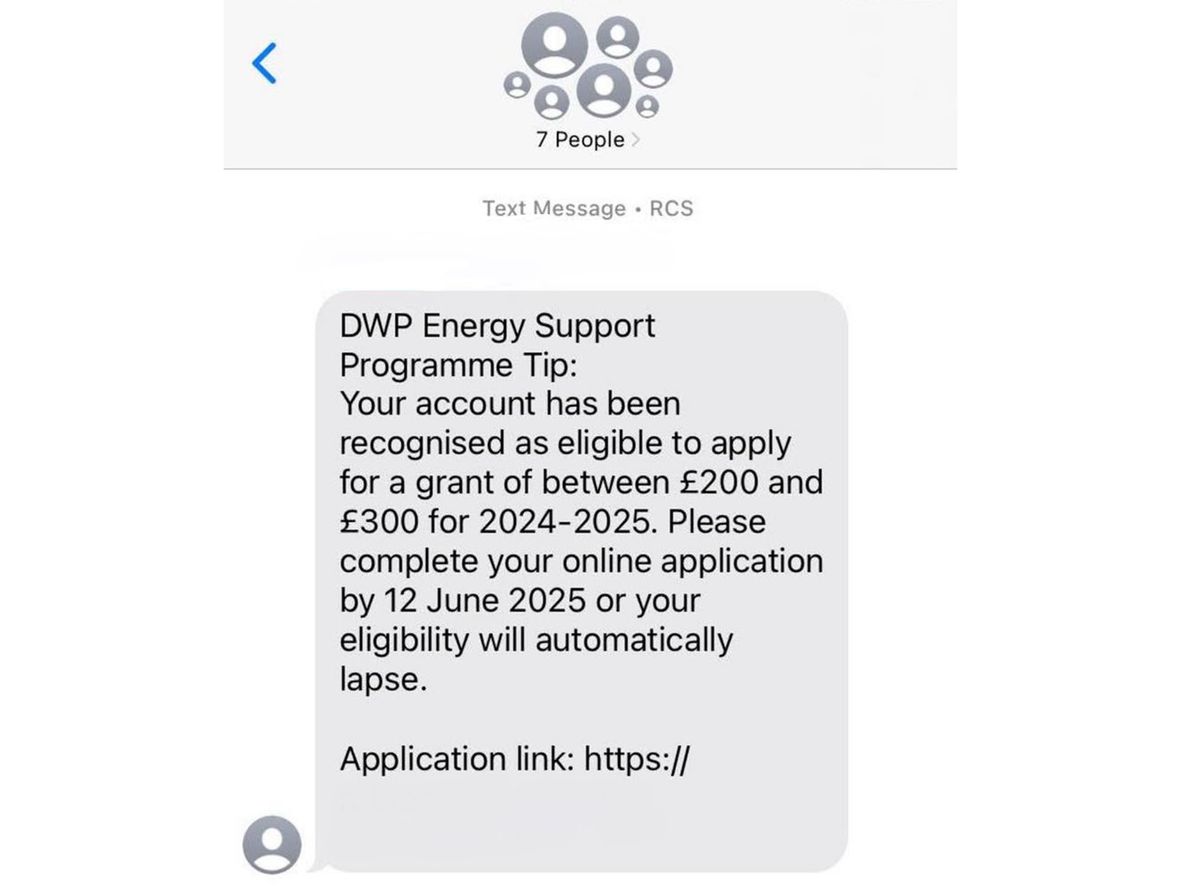 A scam text claiming to be from the DWP