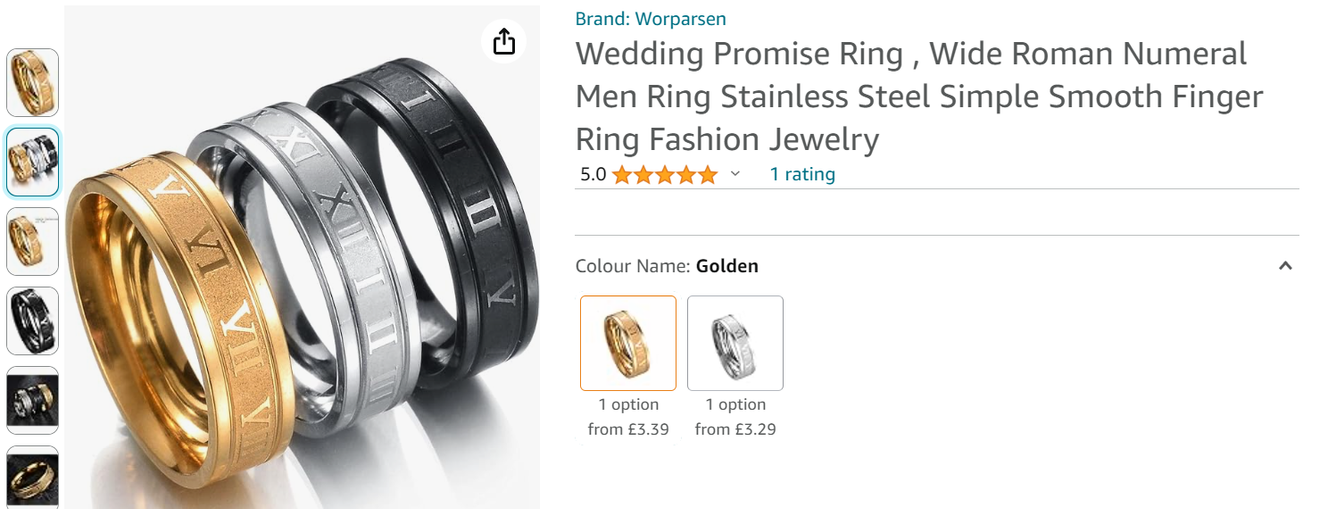 Rings retailing for £3.39 on Amazon UK