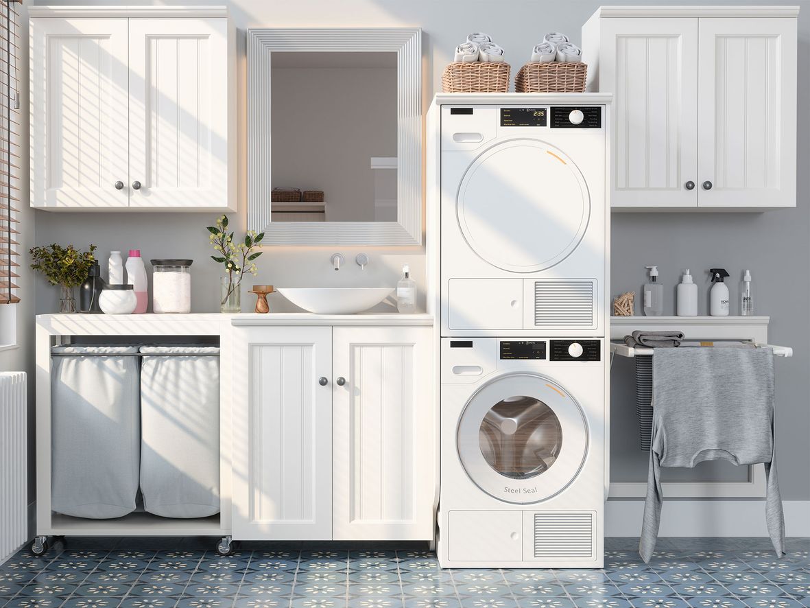Keeping the washing machine, tumble dryer and sink all against one wall will help make plumbing easier. A retractable clothes dryer attached to the wall also saves lots of space.