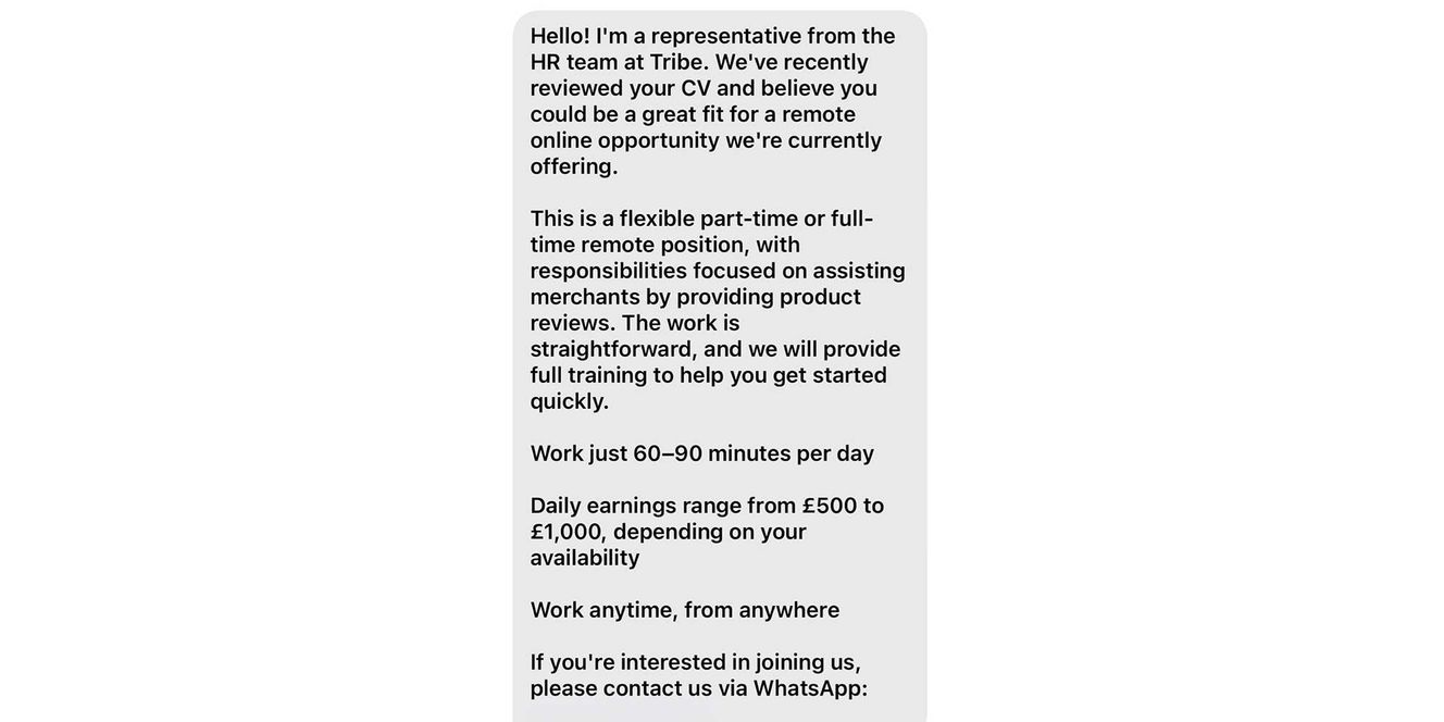 A scam text claiming to offer a remote job