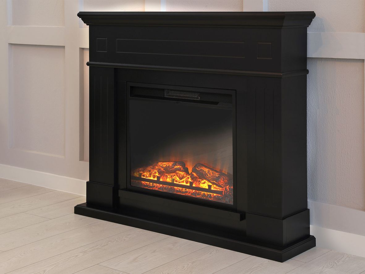 Traditional style electric fireplace with wood imitation bed