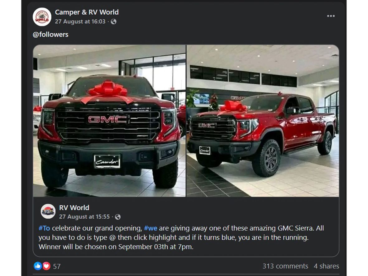 An advert on Facebook claiming to give away a luxury car