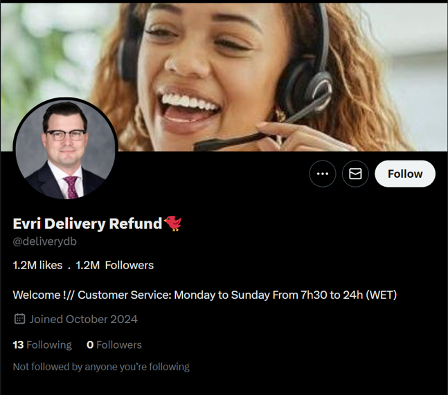 A fake Evri customer service X account whose bio reads '1.2m likes, 1.2m followers'. But just below this bio, you can see the account actually has 0 followers.