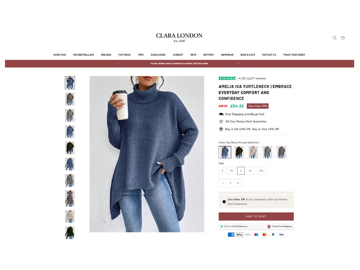 The website of Clara London showing a lady wearing a blue turtleneck jumper. 