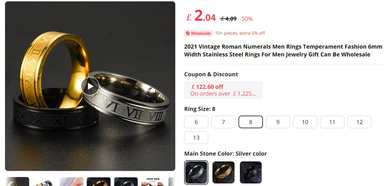 Rings retailing for £2.04 on Aliexpress