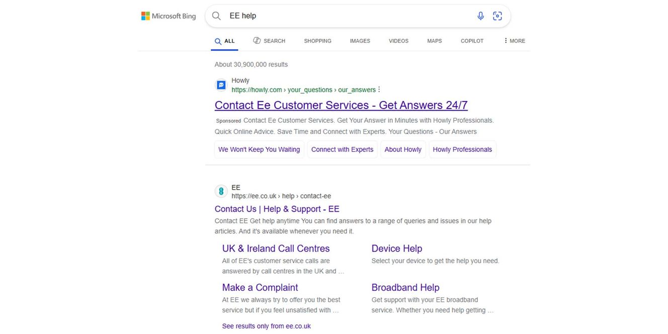 Howly advert on Google for search related to contacting EE