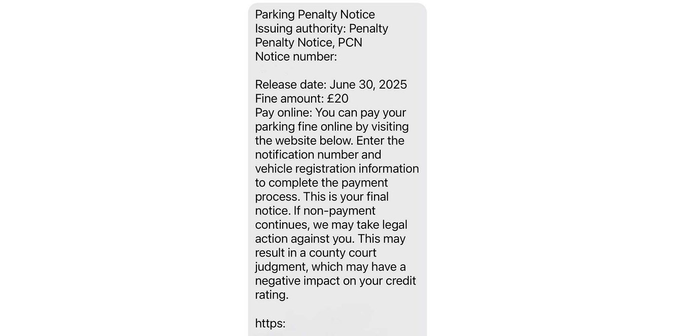A scam text claiming you have an unpaid parking fine