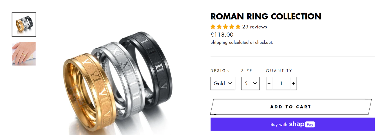 'Roman Ring Collection' retailing for £118 on Feogi.com