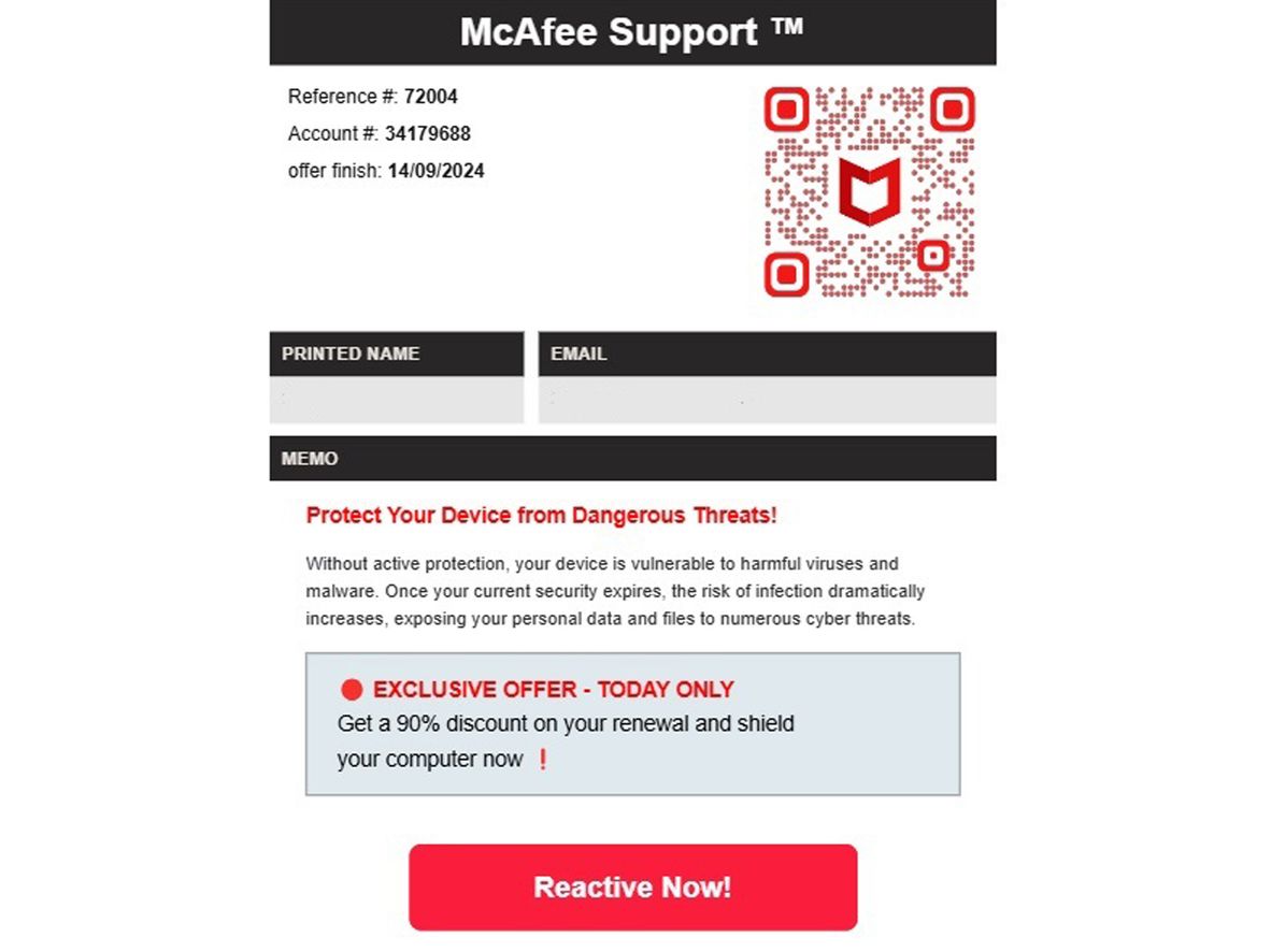 A scam email impersonating McAfee