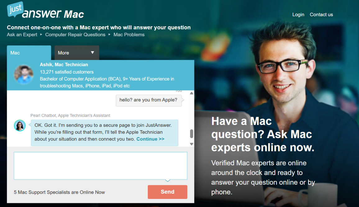 JustAnswer chatbot message