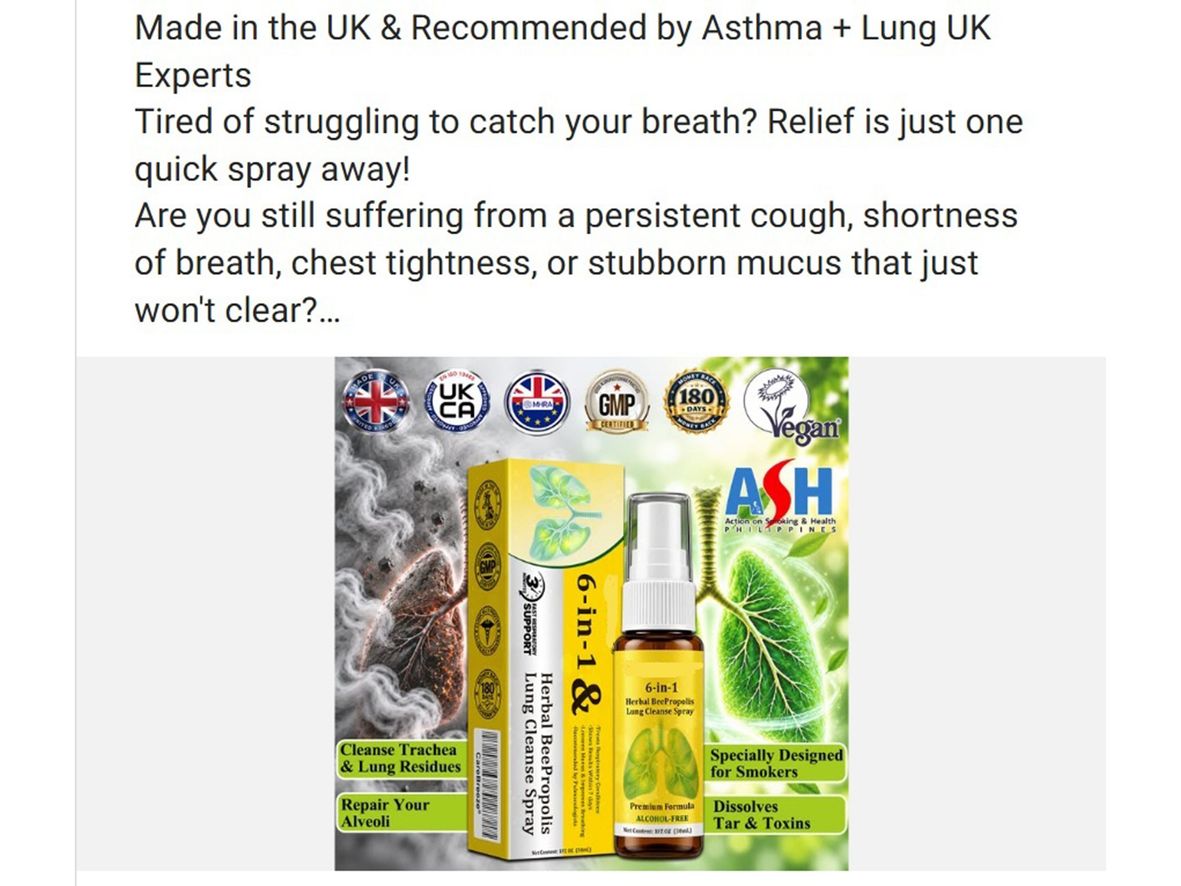 An advert for an asthma product which claims to be recommended by Asthma + Lung UK experts and verified by the UKCA (United Kingdom Conformity Assessed)