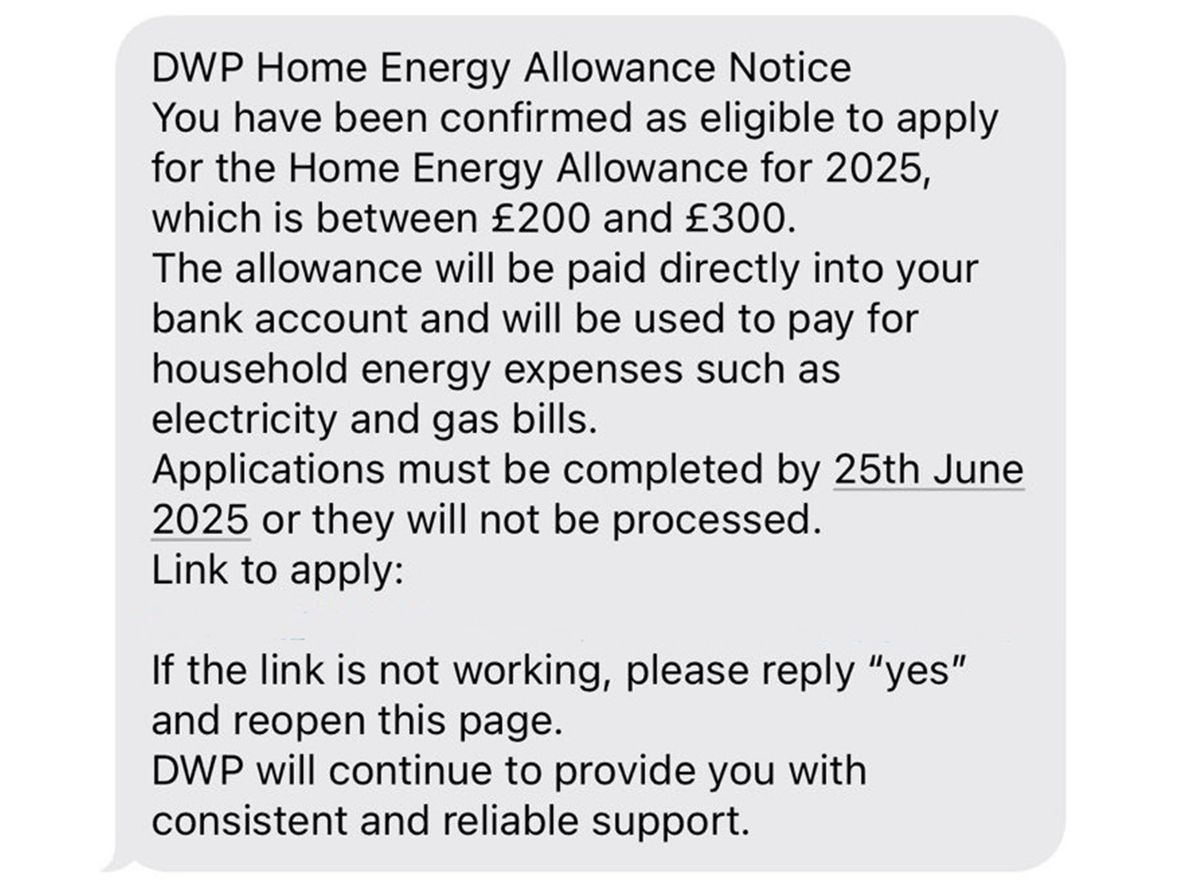 A scam text claiming to be from the DWP