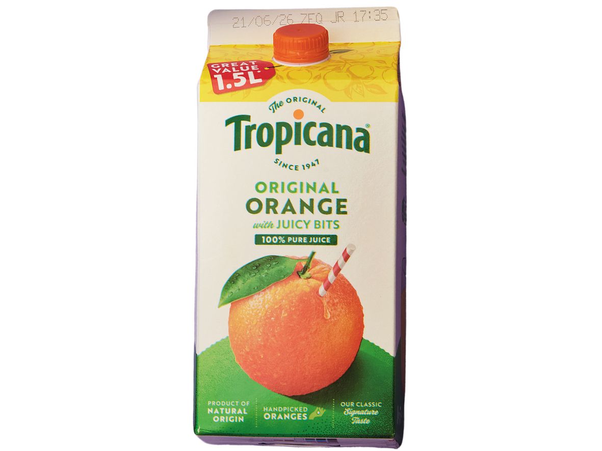 TROPICANA ORANGE JUICE ORIGINAL (1.5 litres) Full price was between £4.28 and £4.75, but you could buy it at £3.50 or less 99% of the time at one of the major supermarkets.

