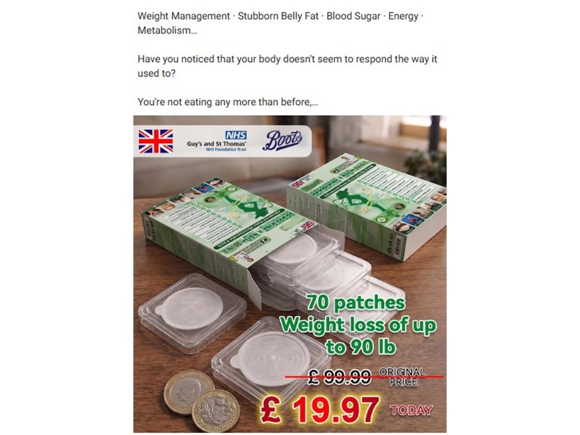An advert selling a weight loss patch which uses the Boots and Guy's and St Thomas’ logos