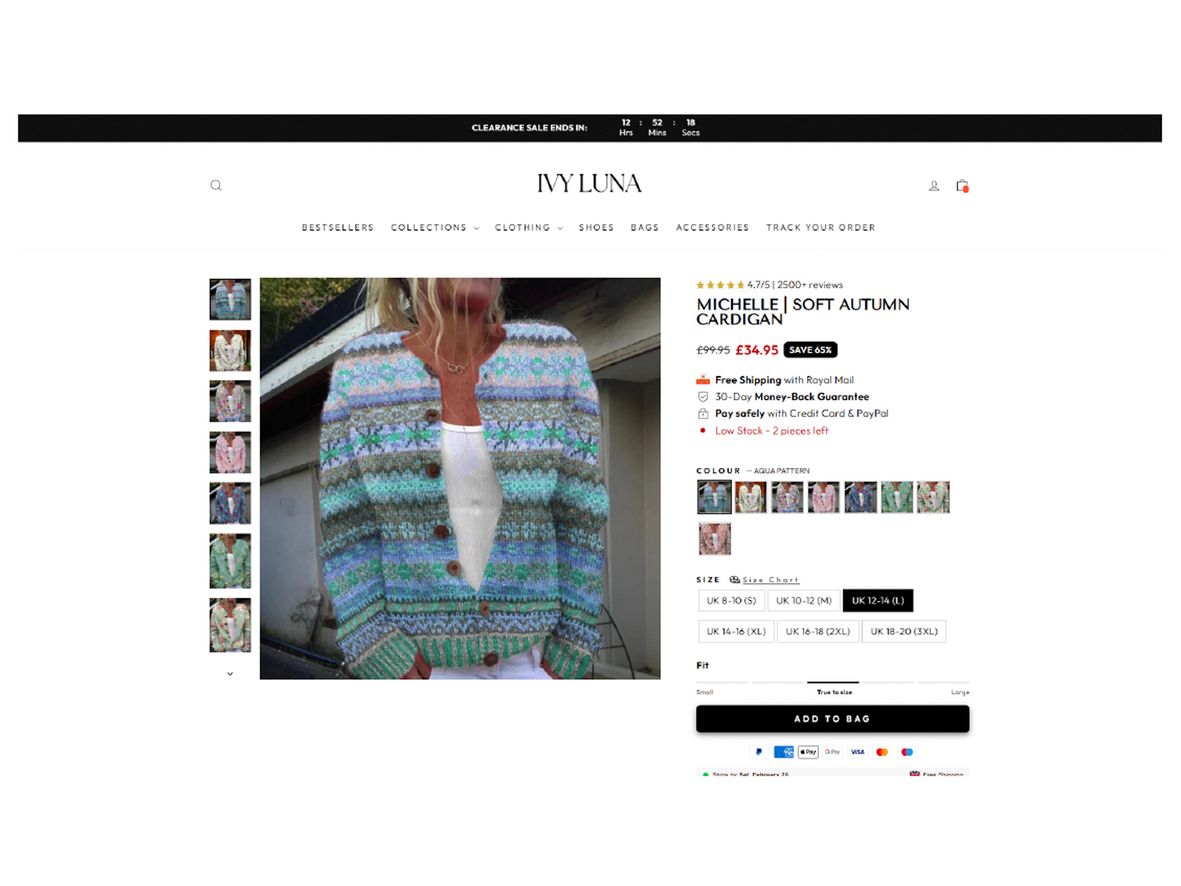 The website of Ivy Luna showing an image of a lady wearing a cardigan.
