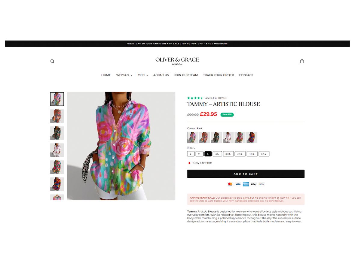 The website of Oliver & Grace London showing an image of a shirt.