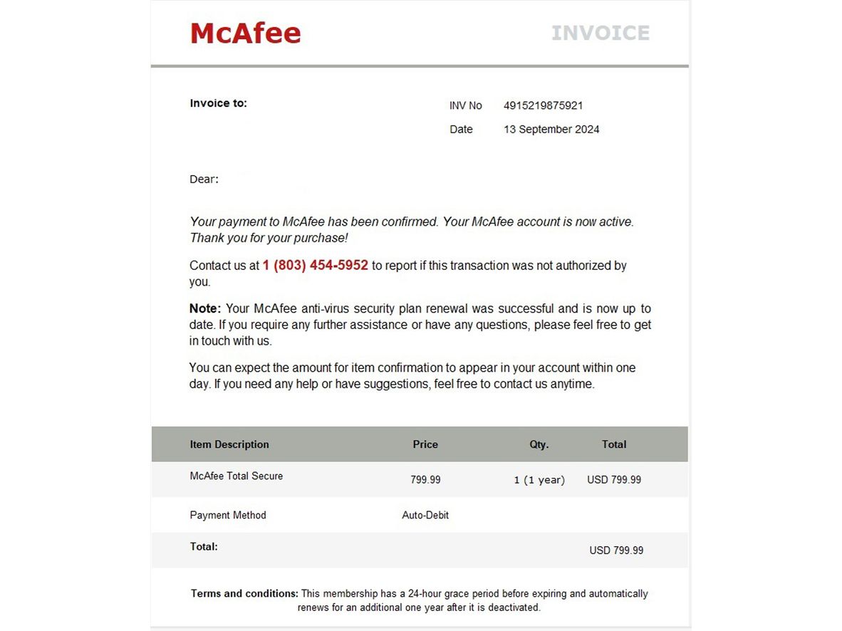 A fake invoice claiming to be from McAfee