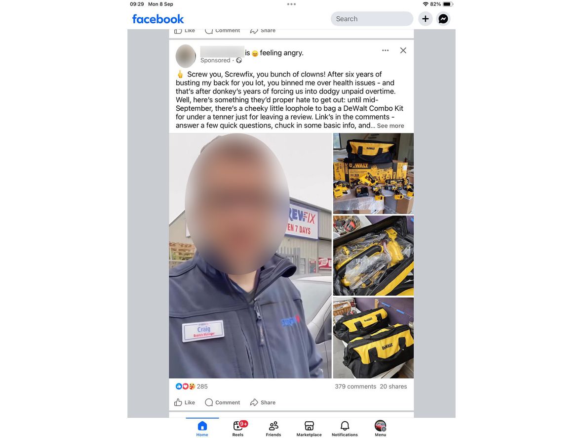Fake Facebook post about Screwfix