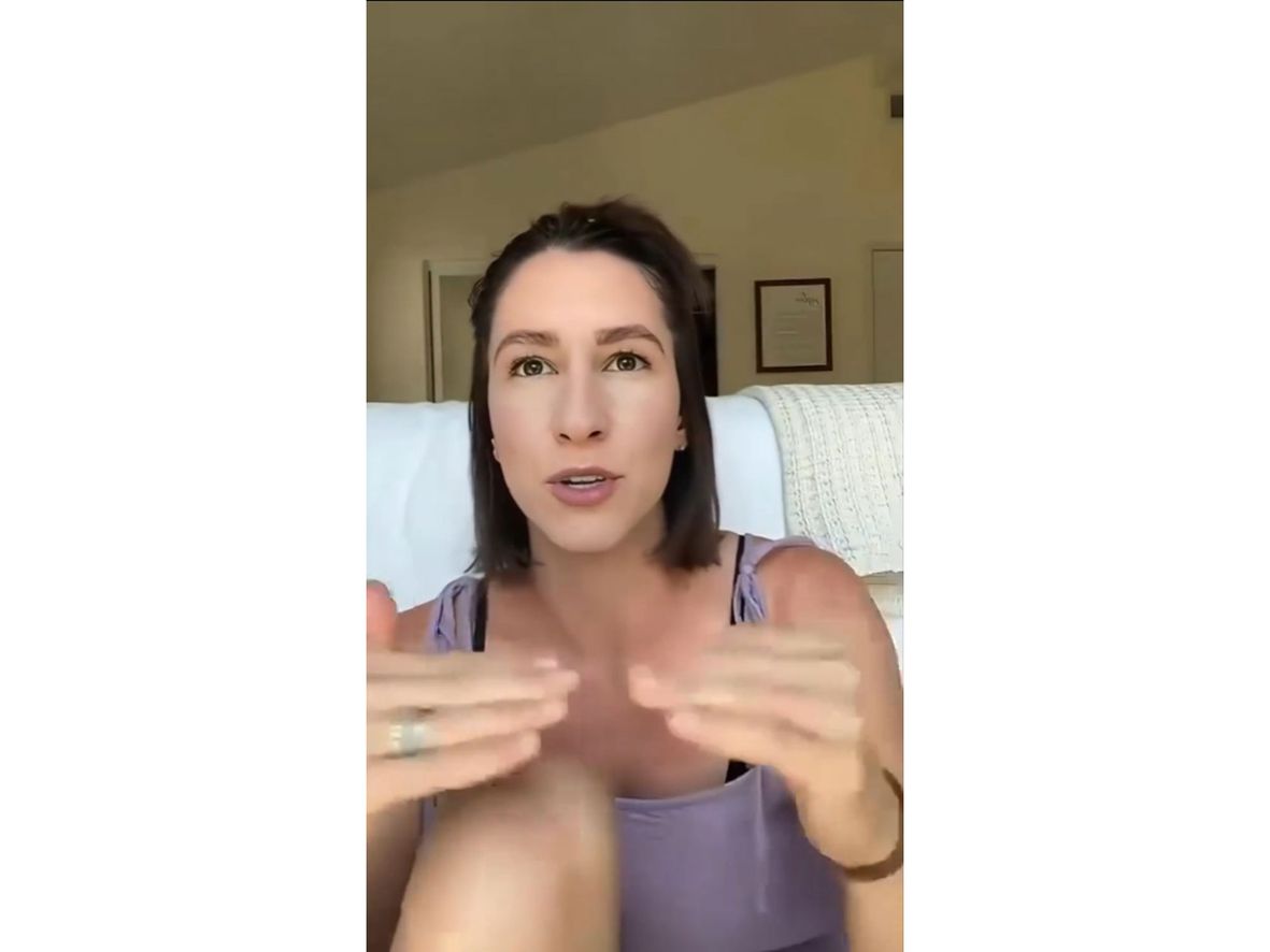 The woman’s eyebrows look unnaturally well defined and she struggles to look directly into the camera when speaking. Her face looks overly smooth 
as it lacks natural skin features, making her look 
artificial.