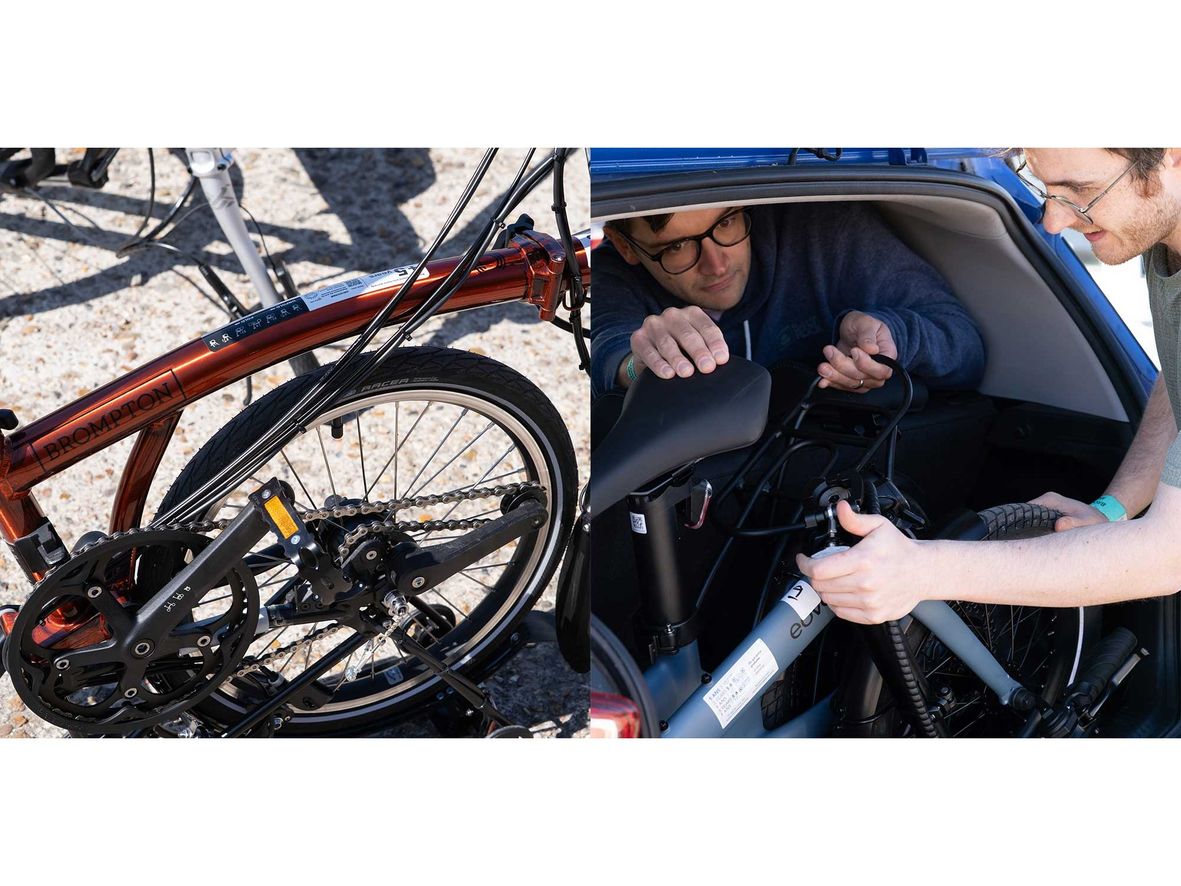 Two images: one of a Brompton bike, another of two men getting a folding e-bike into a car.