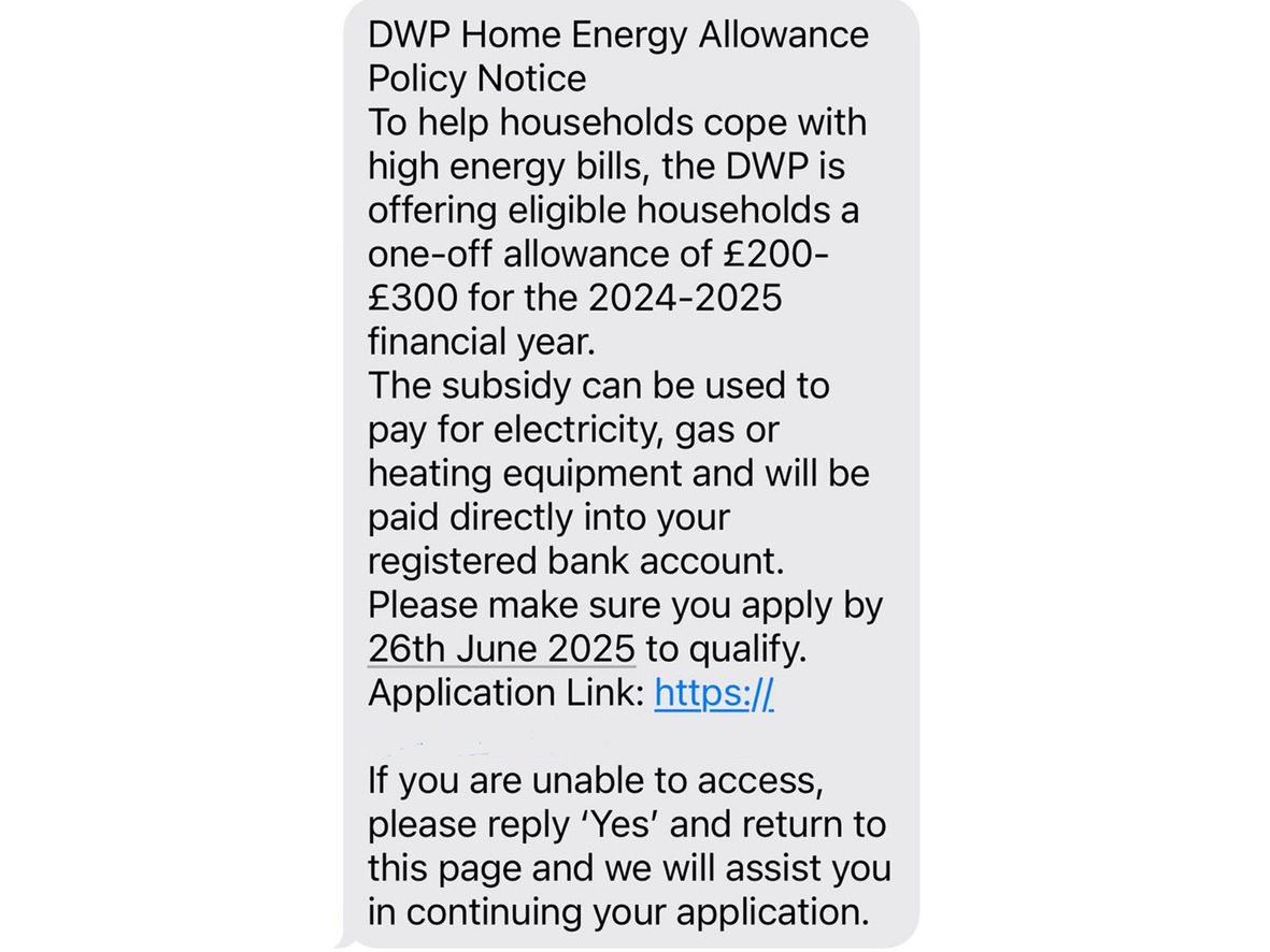 A scam text claiming to be from the DWP