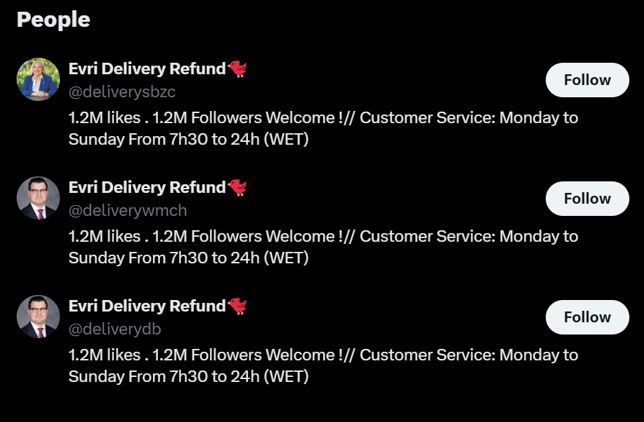 A list of fake Evri customer service accounts falsely claiming to have millions of followers in their bios