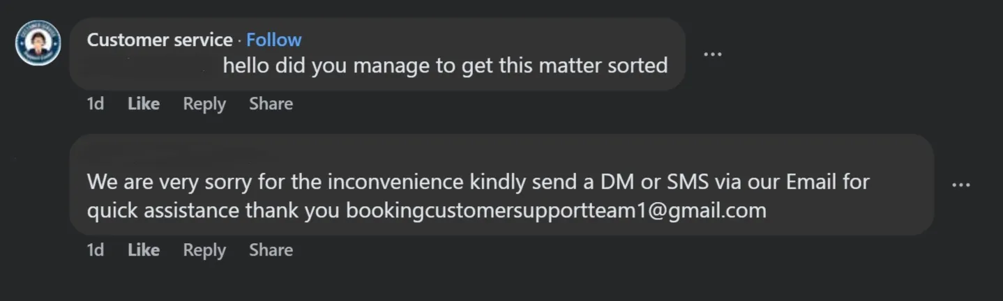 The scam comment we reported by selecting the three dots