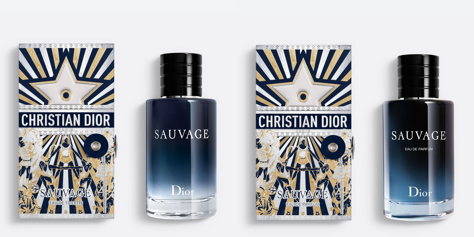Left Dior Sauvage Eau de toillette blue bottle and right Dior Sauvage Eau de parfum blue bottle