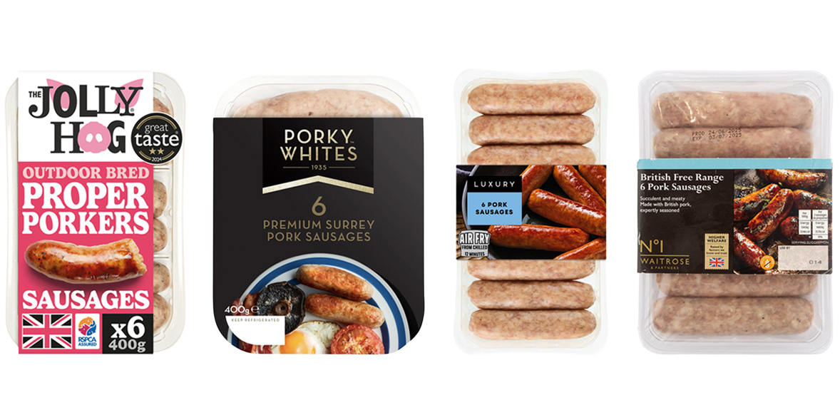 Four packs of sausages: The Jolly Hog, Porky Whites, Iceland and Waitrose