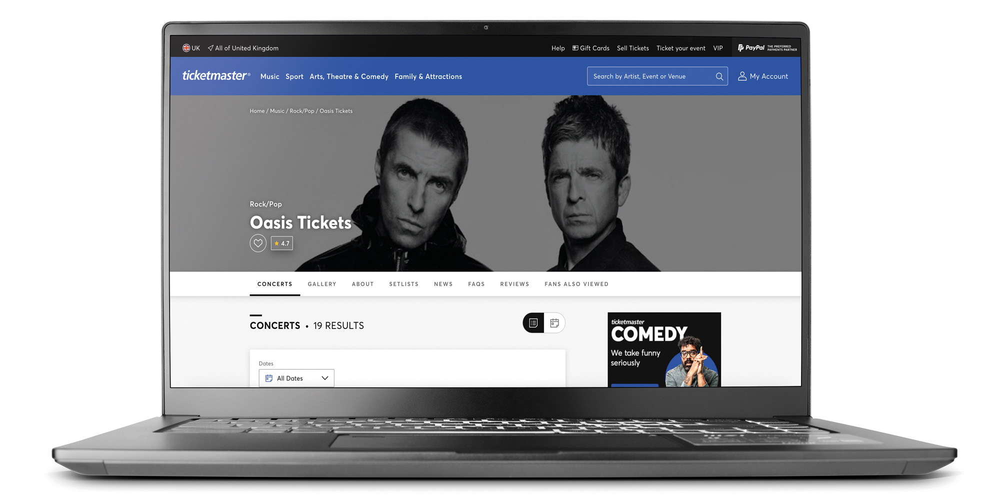 Ticketmaster webpage for buying Oasis tickets displayed on a laptop