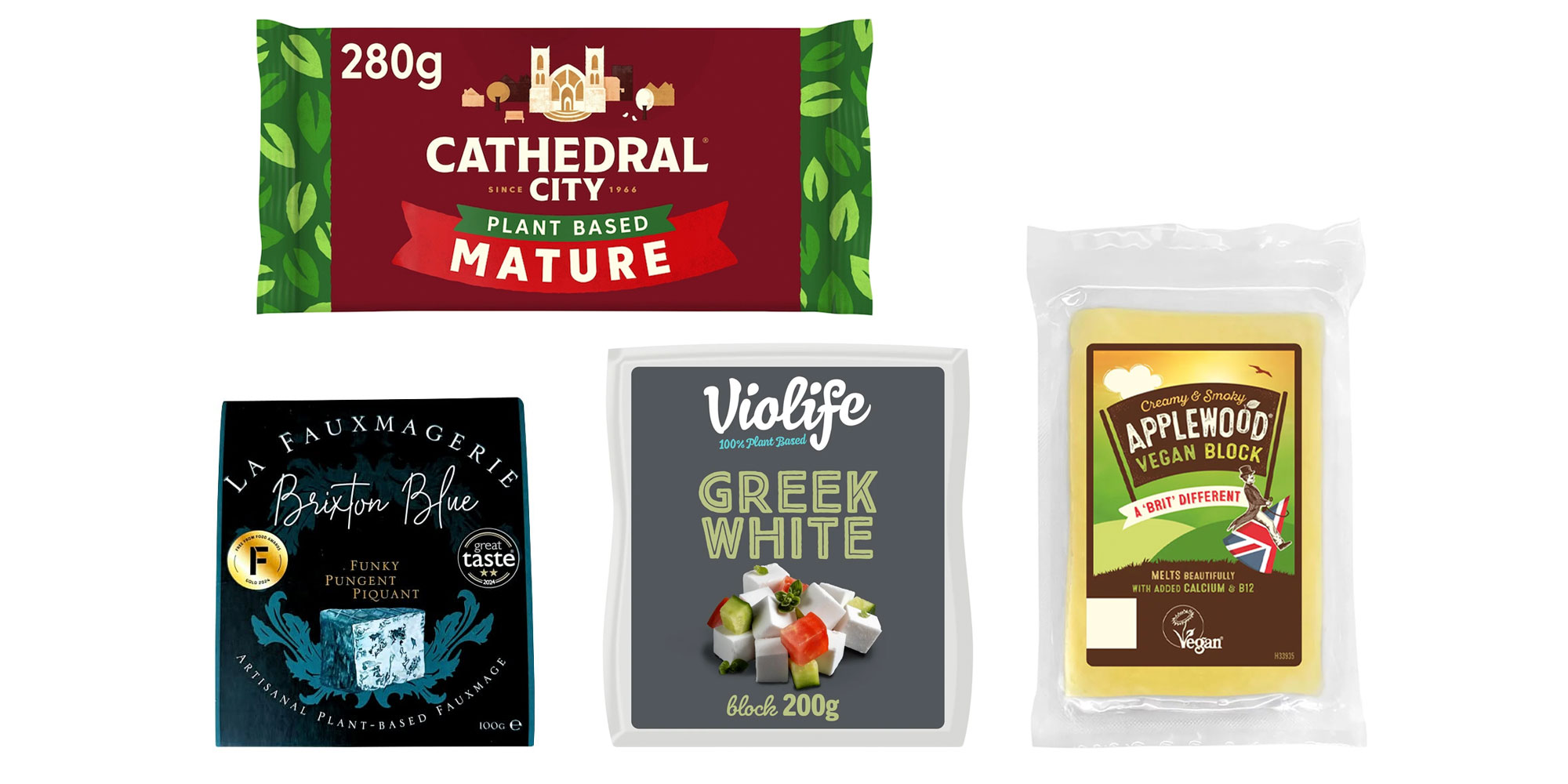 Vegan cheese line up: Cathedral City mature cheddar, La Fauxmagerie blue, Violoife greek white, Applewood cheddar