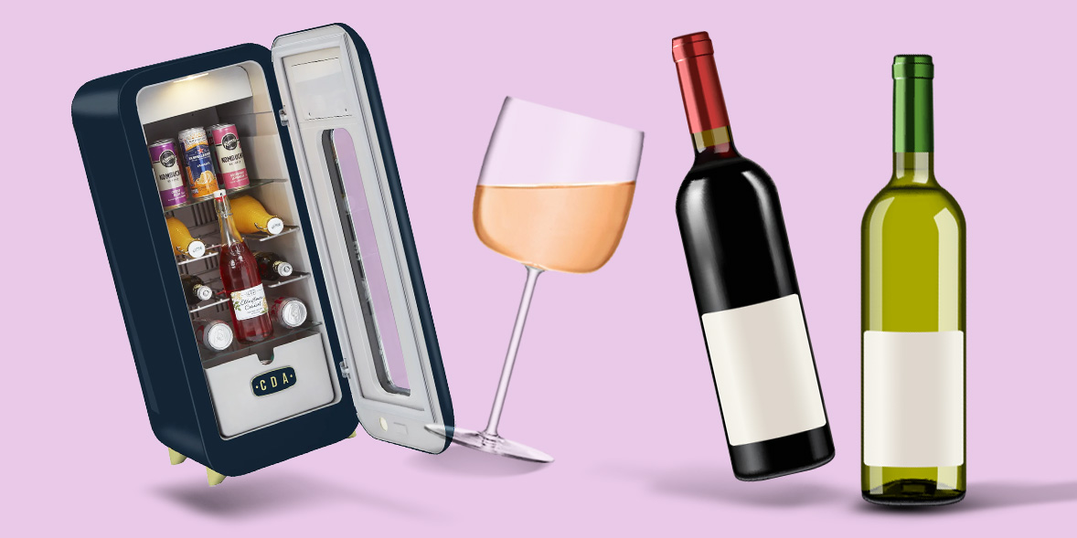 Bottles of wine, a glass, and a fridge