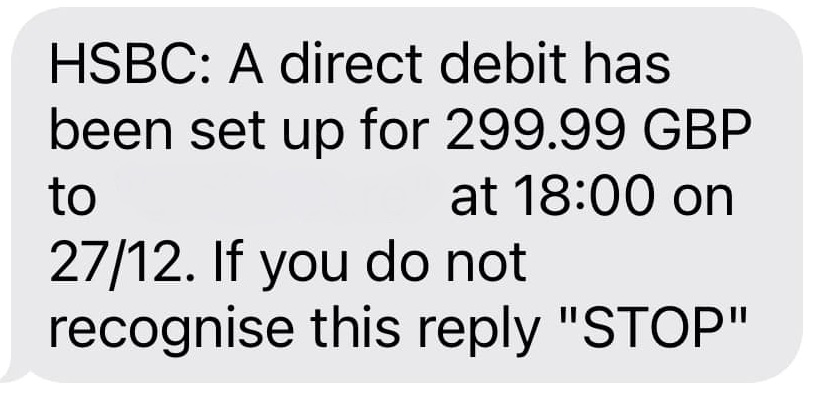 A scam text impersonating HSBC
