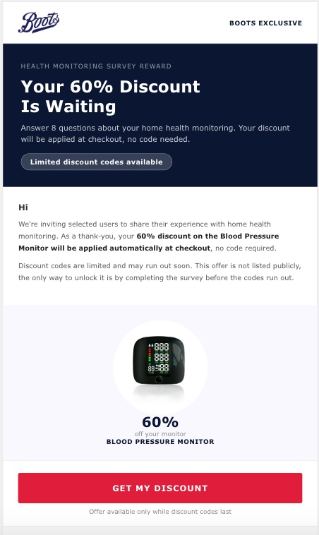 A dodgy email offering a discount on a blood pressure monitor at Boots