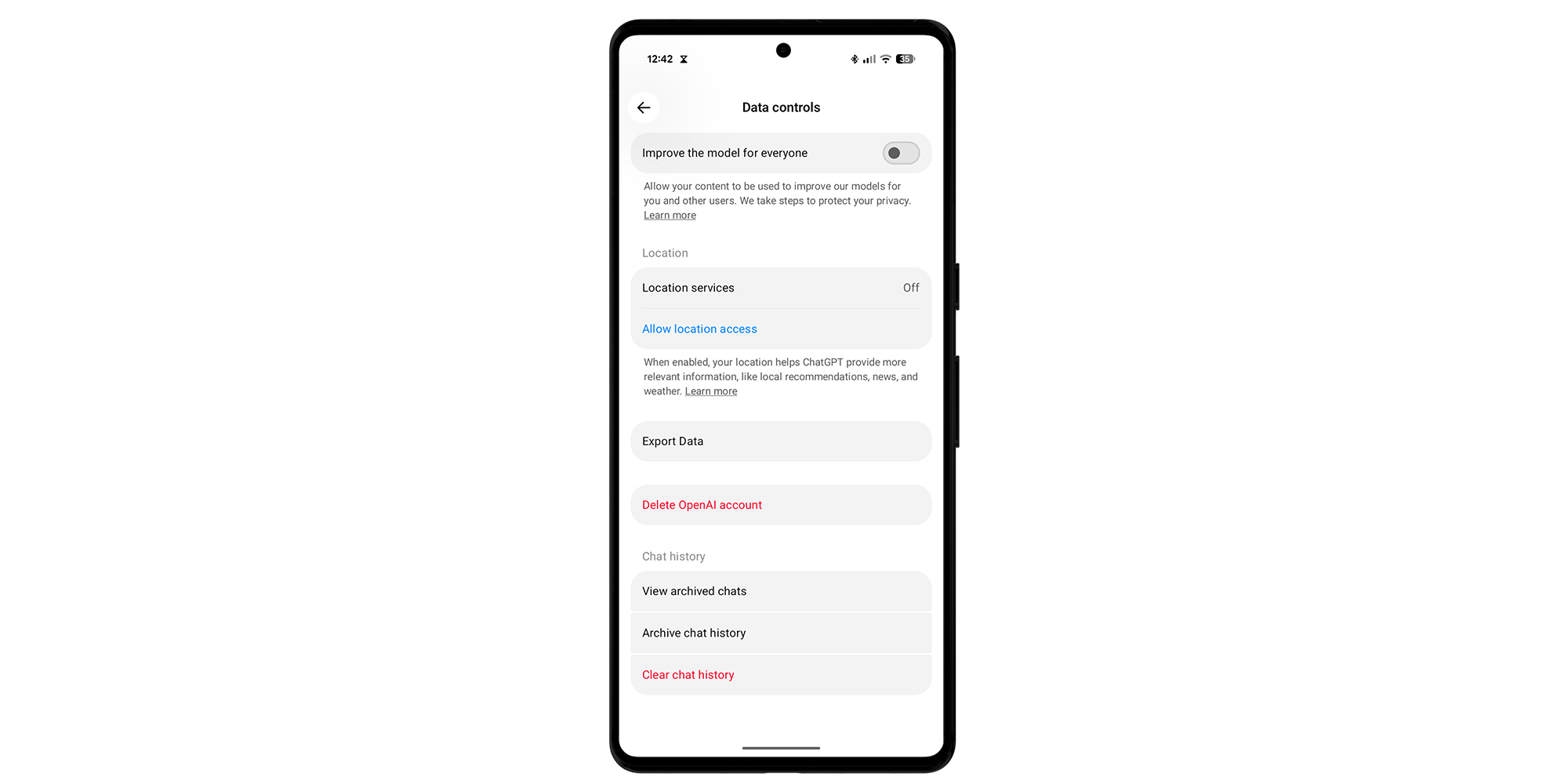 ChatGPT phone settings