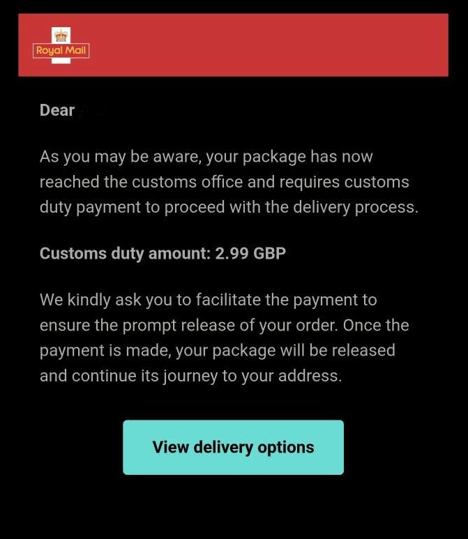 A scam email impersonating Royal Mail