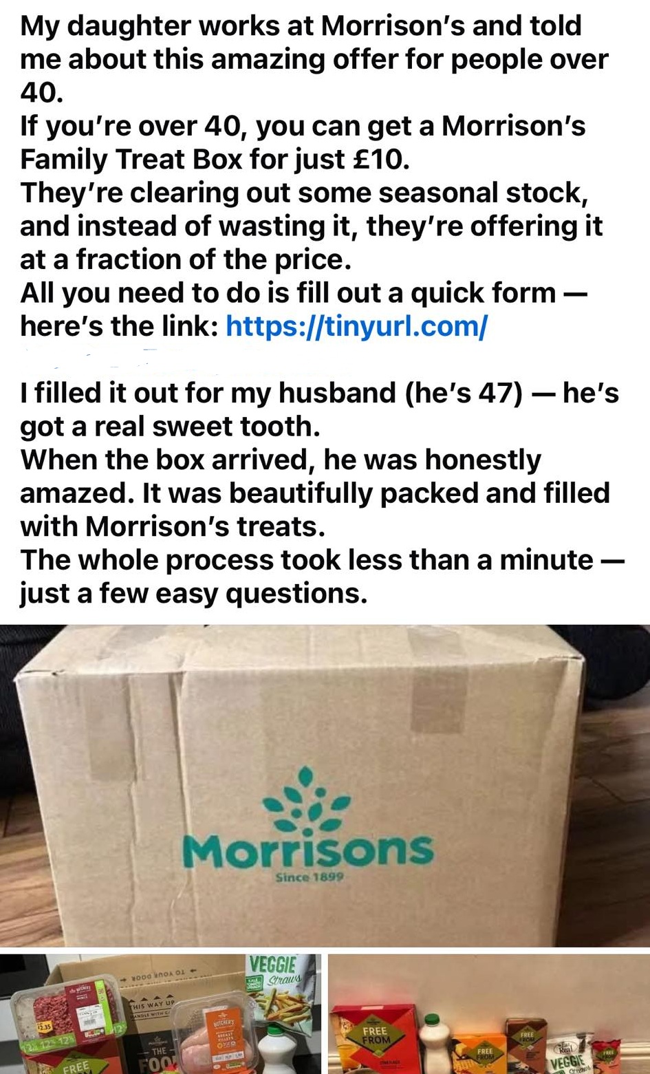 A scam ad on Facebook claiming to offer a 'treat box' at Morrisons