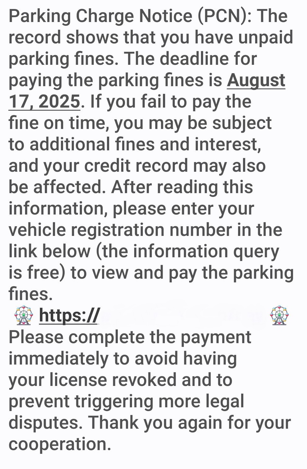 A scam text telling you that you have an unpaid Parking Charge Notice (PCN)