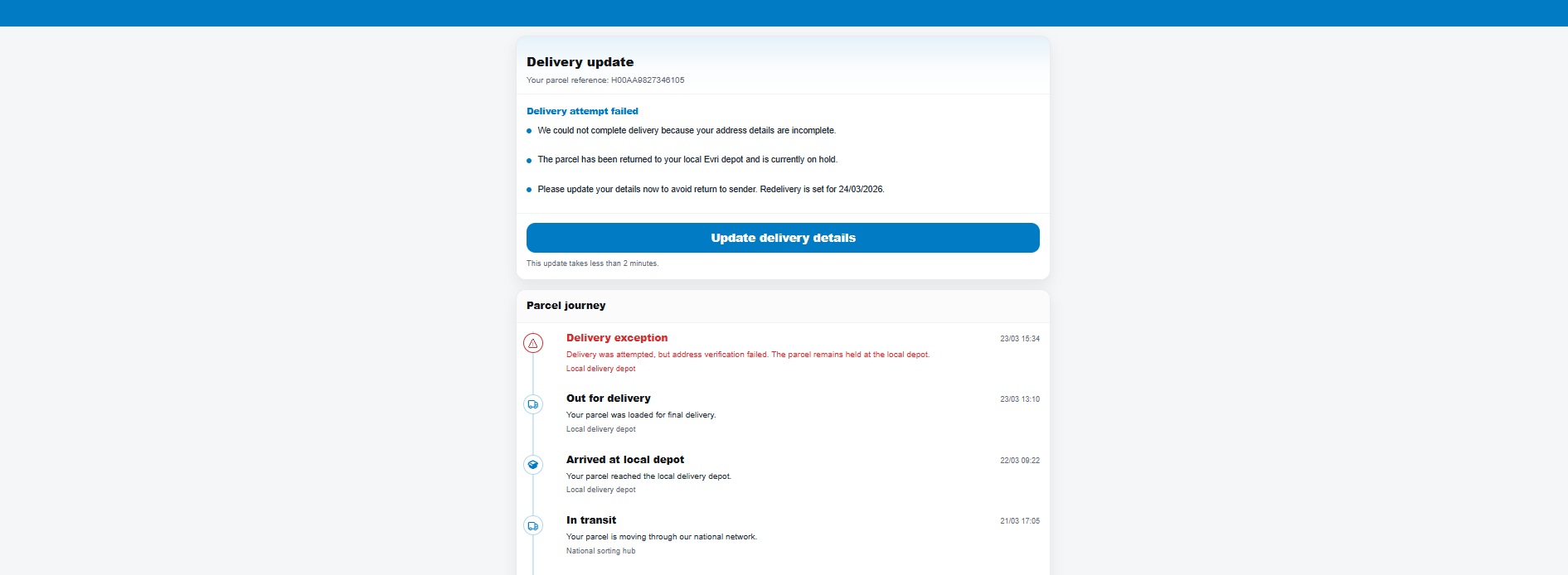 A scam website impersonating Evri