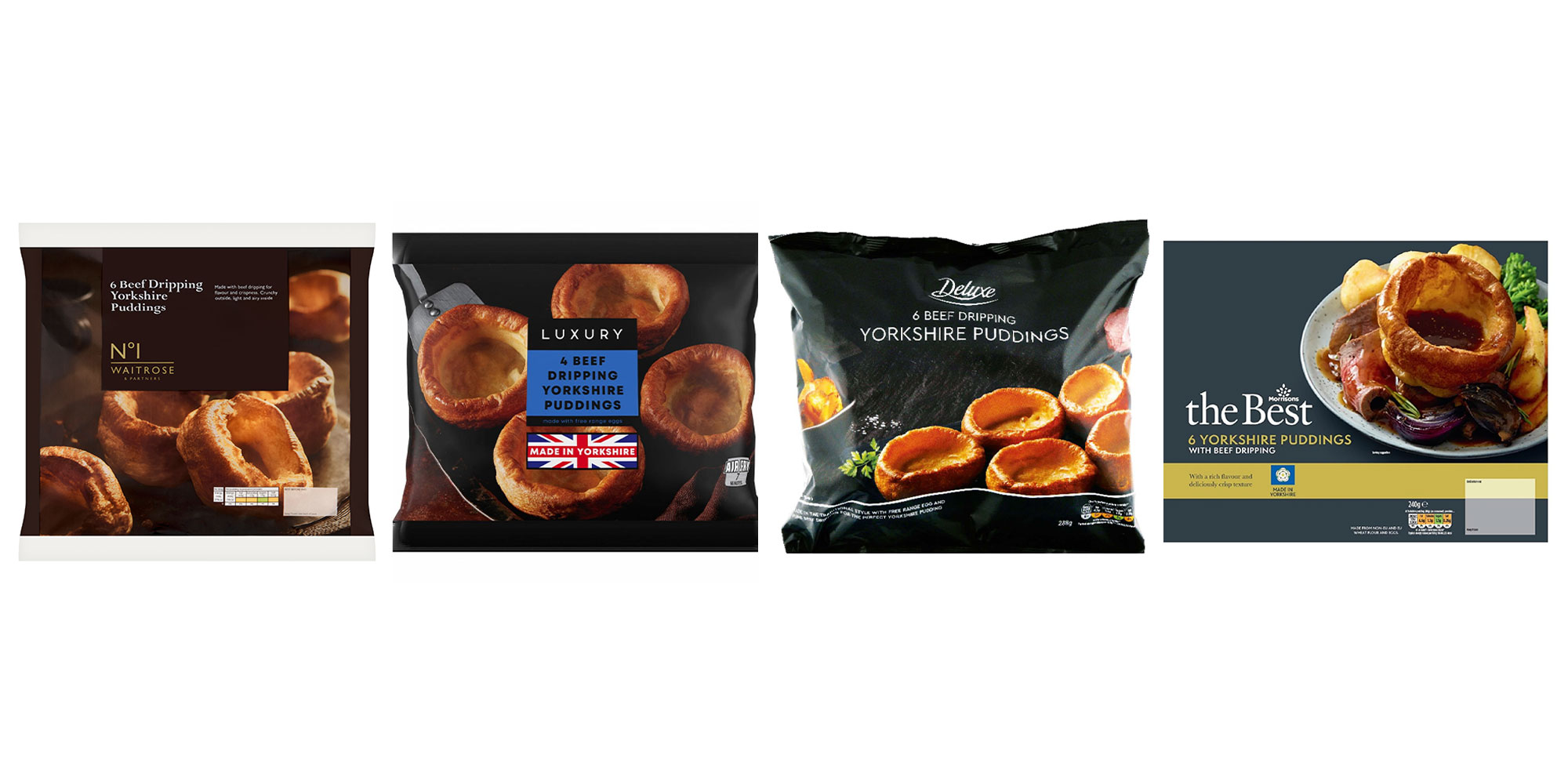 Four packets of Yorkshire puddings: Waitrose, Iceland, Lidl and Morrisons