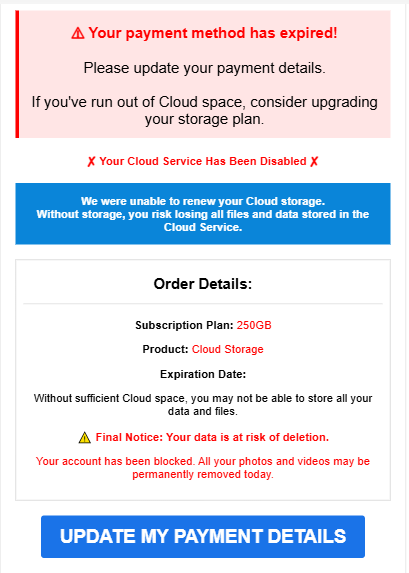 A scam email impersonating iCloud