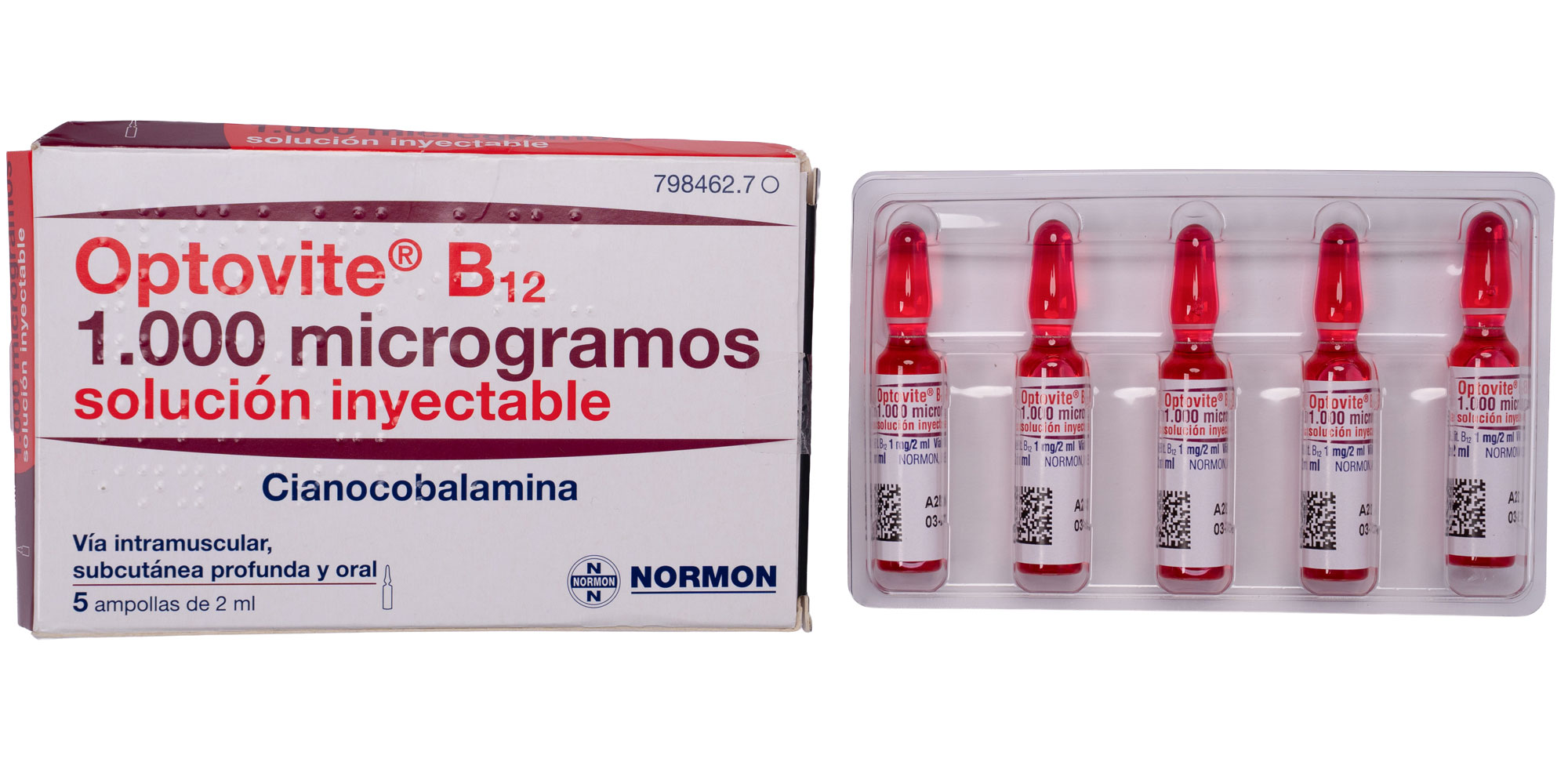 B12 ampoules in a box with writing in Spanish